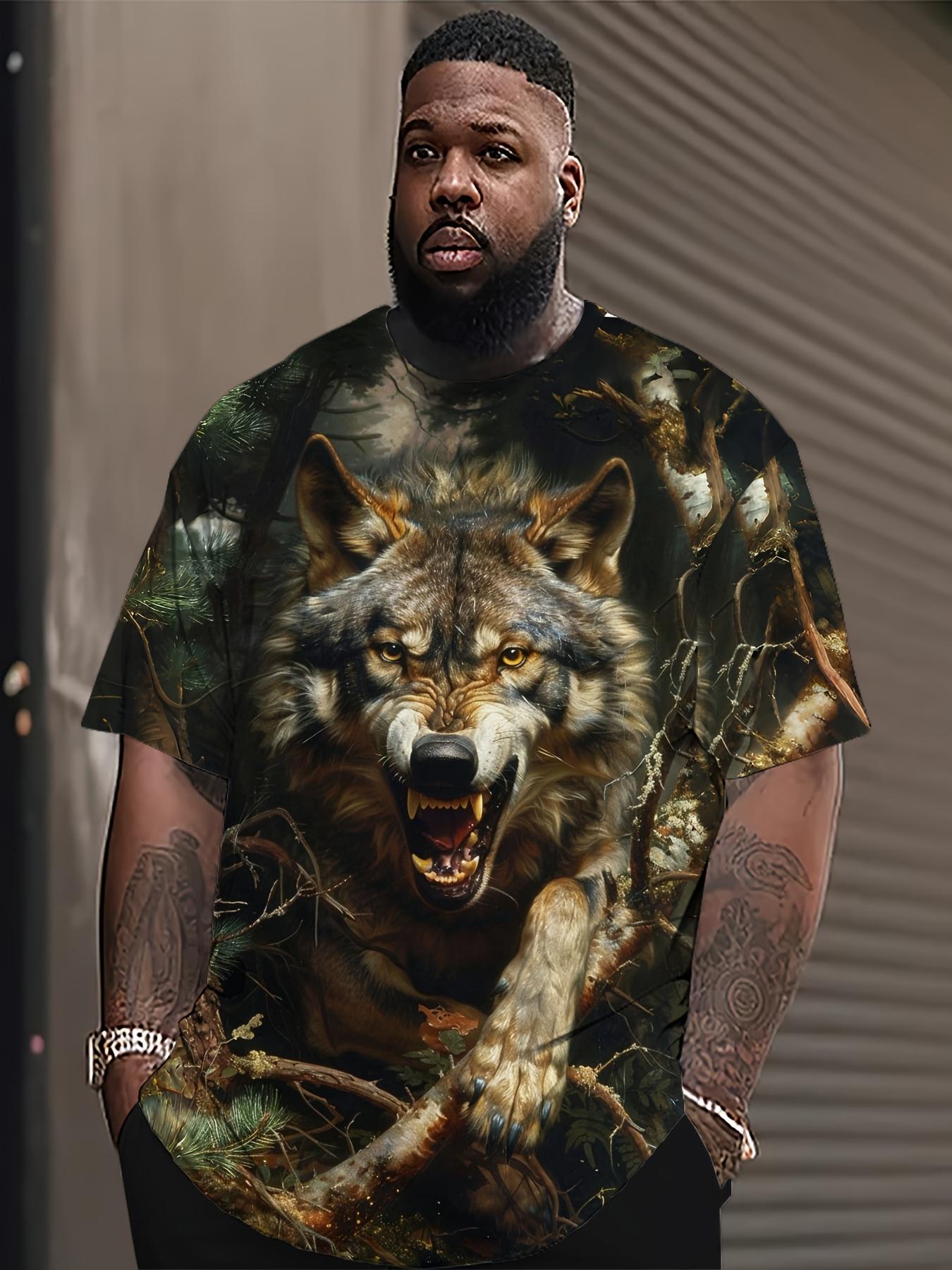 3D animal pattern men s short-sleeved T-shirt, wolf head print, sports running fitness quick-drying top 1XL