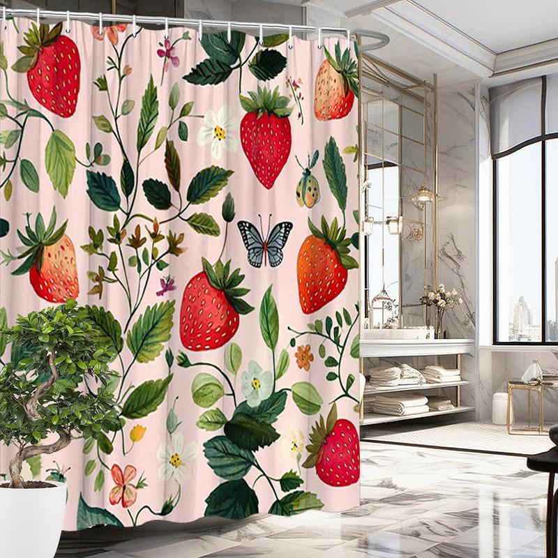 Strawberry & Floral Shower Curtain - Red Strawberries, Green Leaves, Blossoms, Butterflies & Ladybugs,Polyester,70.8x70.8 Inches