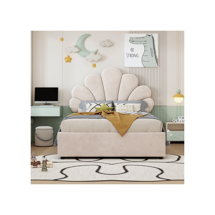 Lit d'enfant - MUVOE - 90 x 200 cm - Rembourré en velours - Tête de lit écrasée - Rangement intégré