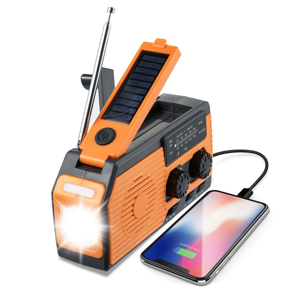 Solar Hand Powered Radio Emergency  r LED Flashlight IPX3 Waterproof Radio with Hand Crank 5000mah Battery