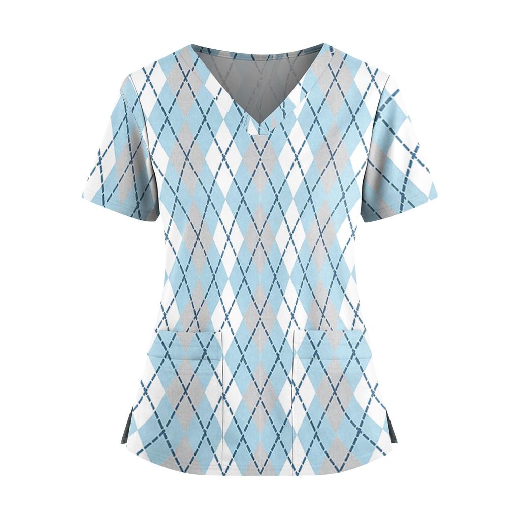 Women's Plaid Print V-Neck and Caregiver Top with Double Pockets and Split Hem Short Sleeves