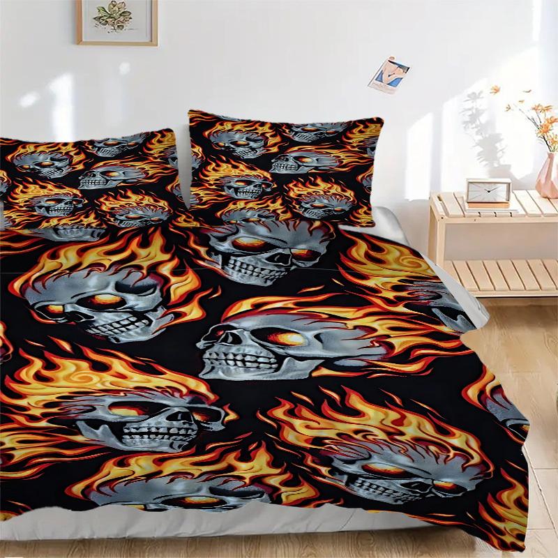 3pcs Bedding Set Flaming Skulls Includes 1 Comforter + 2 Pillowcases, Without Pillow Inserts, Soft Comfortable, Lightweight Breathable136