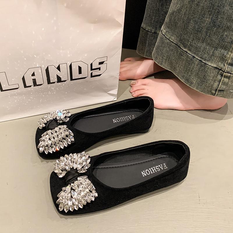 

2025 весна и лето новая мелкая одинарная обувь обувь со стразами с юбкой квадратный носок балетки женские 35 чёрный