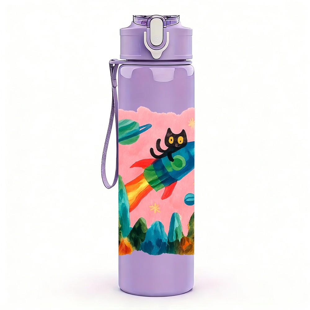 1PC Mountain Rocket Cartoon 750ml Color Plastic Sports Water Bottle Leakproof Flip Straw Lid Suitable for Sports Office Home Use