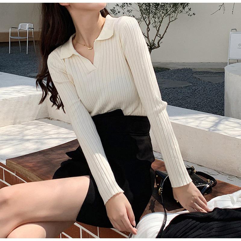Solid Color V-Neck Long Sleeve Knit Sweater Top for Women, Spring 2025 Slim Fit