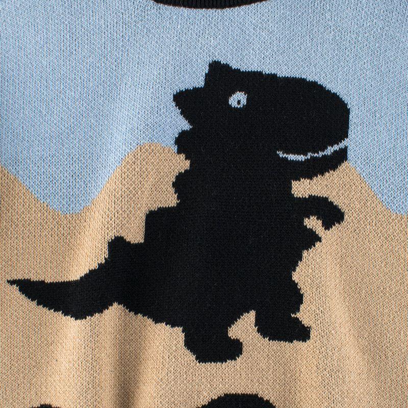 27kids K-style Children's Clothing Spring and Autumn Children Dinosaur Sweater Boys' round Neck Knitwear Baby Boys' 100% Cotton Coat