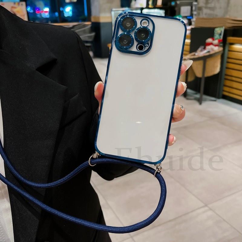 Plating Case For Oneplus 12 11 10 10T 10R One Plus 13T 13 9 Pro 8 Lens Camera Protect Transparent Crossbody Lanyard Strap Cover