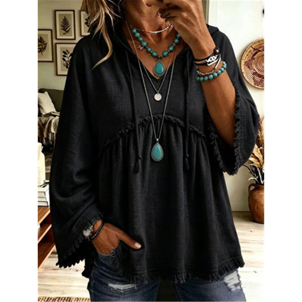 Women Boho Hooded Tunic Top V Neck Drawstring Fringe Frayed Hem 3/4 Flare Sleeve Loose Casual Blouse