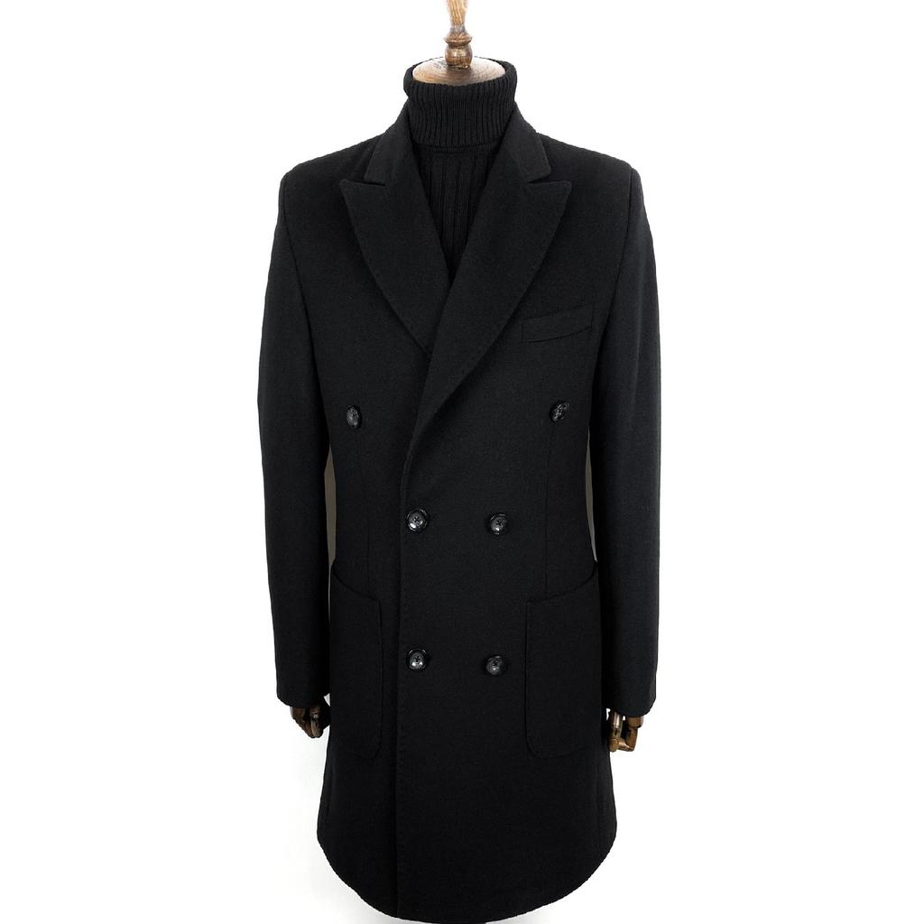 2834 Schwarzer zweireihiger Kurzmantel mit spitzem Kragen für Herren