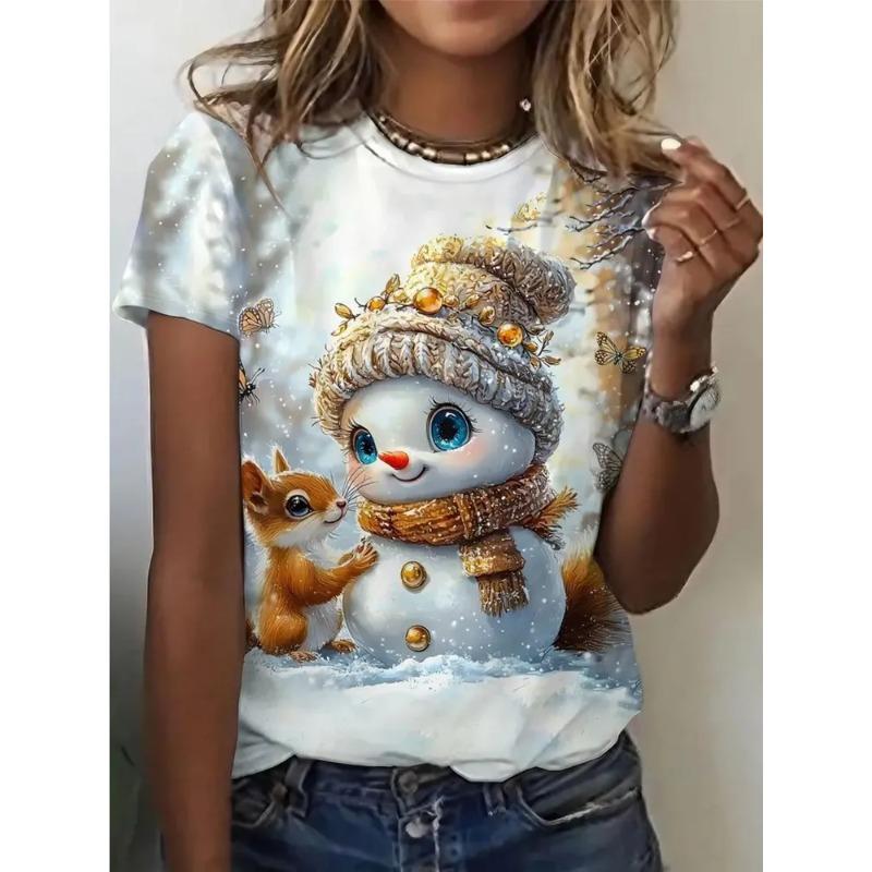 Summer Ladies Christmas 3D Printed Crew Neck T-Shirt Fashion Versatile Trend Breathable Casual