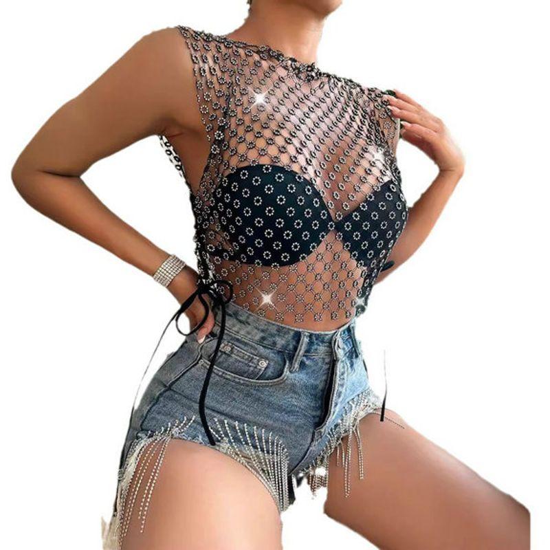 Summer Ins2024 European and American Personalized New Arrival Women's Clothing Sexy Best Selling Cut Out Mesh Rhinestone Small Top Vest