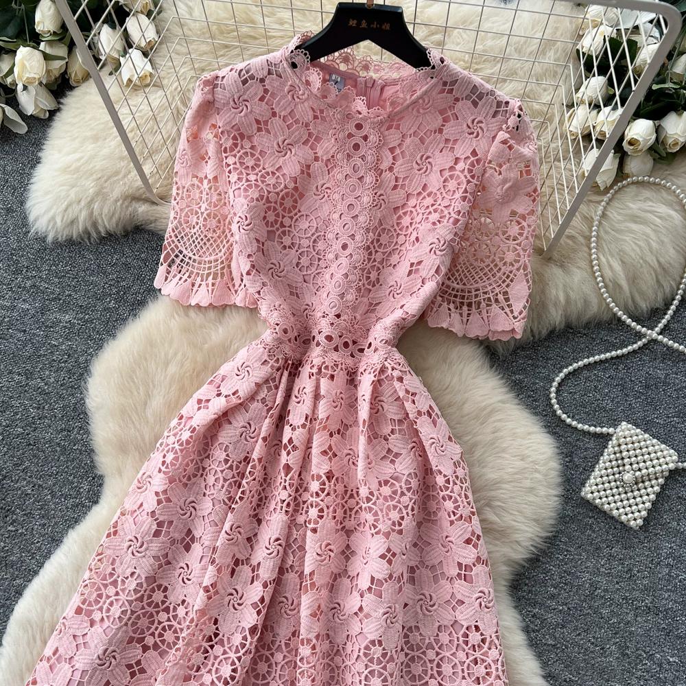 Abito Midi Elegante da Donna con Ricami in Pizzo, Manica Corta, Vita Alta, Linea ad A, Estivo, Casual, da Festa, per Matrimonio, da Vacanza, da Spiaggia