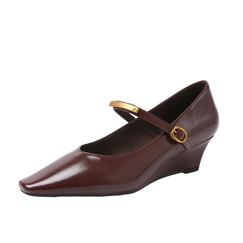 

[Fanfna] 2025 new French square head wedge heel temperament Mary Jane shoes versatile gentle small leather single shoes women 40 красный