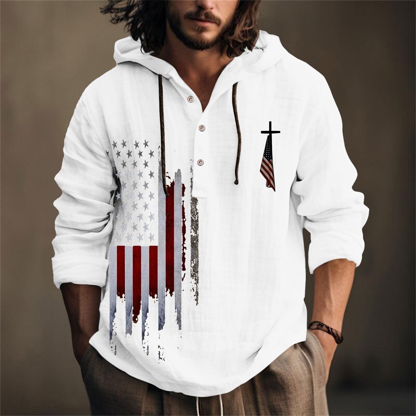 

Мужская рубашка из хлопка и льна с принтом «День независимости», с капюшоном, с длинными рукавами, повседневная одежда для весны и лета XL белый