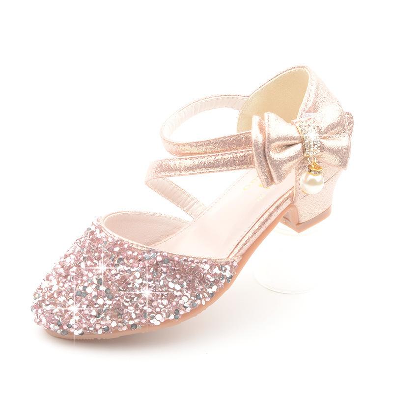 

Spring Velcro Girls Leather Shoes, Sequined Small High Heel Princess Shoes, Children s Single Shoes, Half-Enclosed Sandals, Performance Shoes 26Code/16.8cm розовый