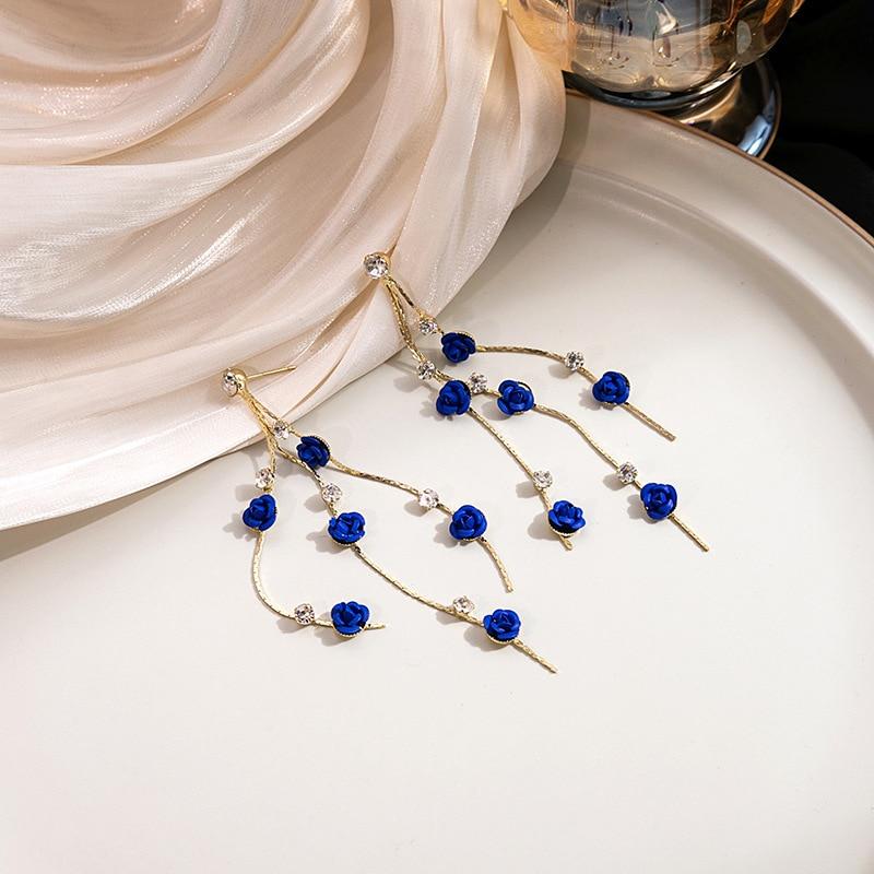 Pinkdudu Fashion Korean 5 Color Rose Long Drop Earrings Romantic Luxury Flower Zircon Tassel Earring for Women Jewelry PD1410