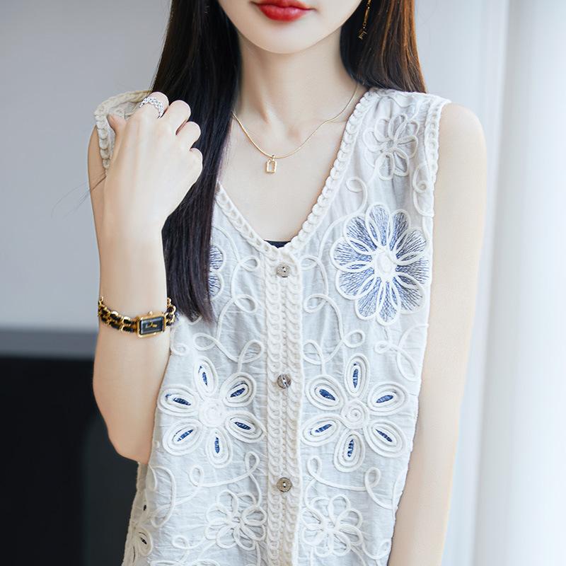 

Летний новый трикотажный жилет без рукавов с V-образным вырезом, кардиган с вышитым свободным многослойным жилетом One Size