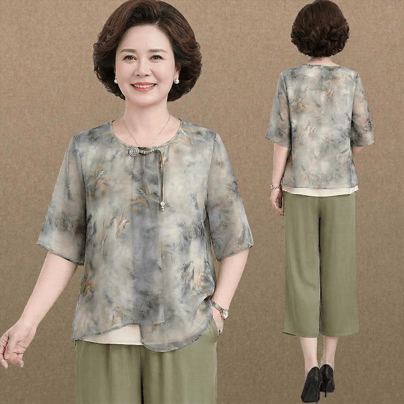 AEMAPE Mid-Aged Women s Chiffon Short Sleeve Top & Pants Set 4XL