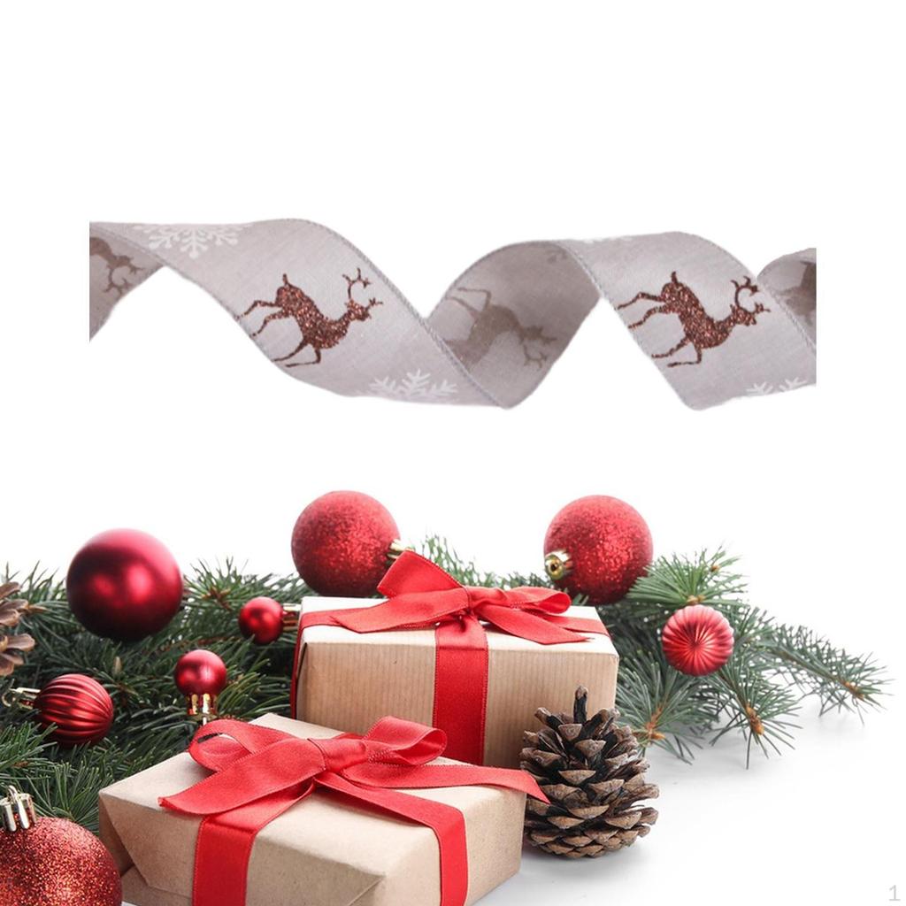 Christmas Ribbon Tree Decor Printed Wired Glitter Reindeer Decorative Linen