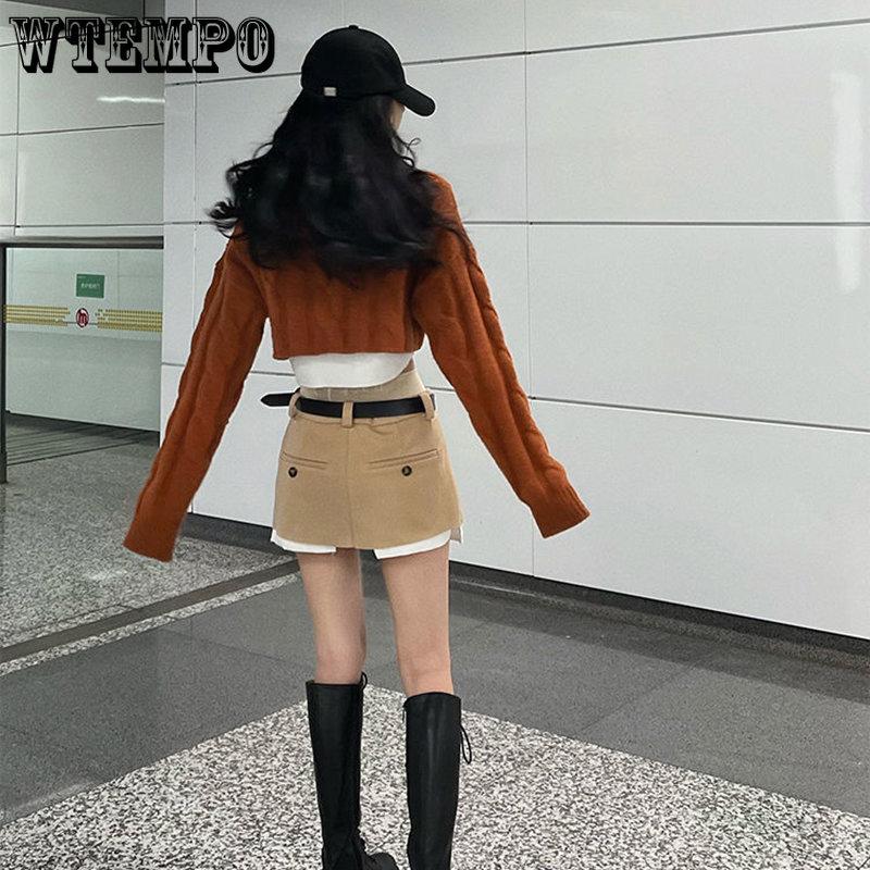 WTEMPO Vintage Irregular Micro Mini Skirt Women Y2K Crop Patchwork High Waist Pleated Belt Cargo Skirt Streetwear