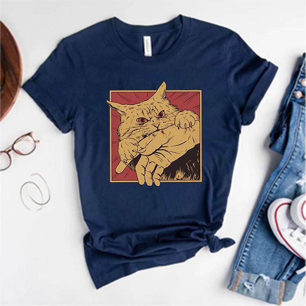 Vintage Cat Bite T Shirt Japanese Horror Anime Tshirt Horror Cat Tshirt Cats Crazy Shirts Unisex Retro Short Sleeve Tops