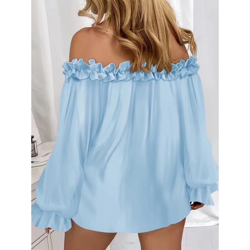 Elegant Fashion Casual Off-the-shoulder Women Blouse Long Sleeved Loose Simple Ruffled Shirt Office Ladies Tops Solid Color Tops
