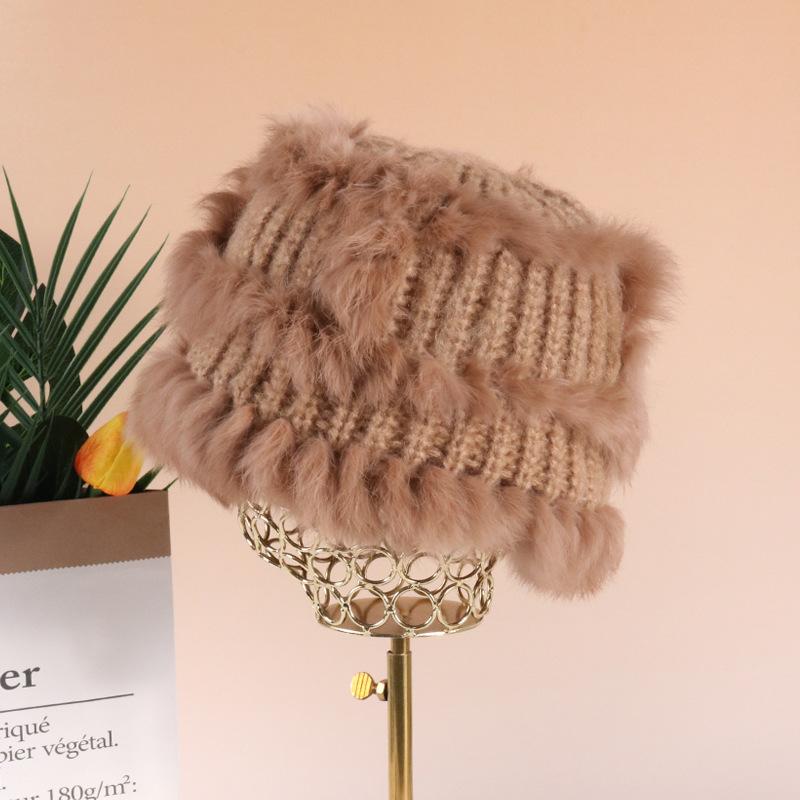 Winter Rabbit Fur Hat Female Face Small Versatile Hairy Bucket Hat Plush Knitted Wool Hat