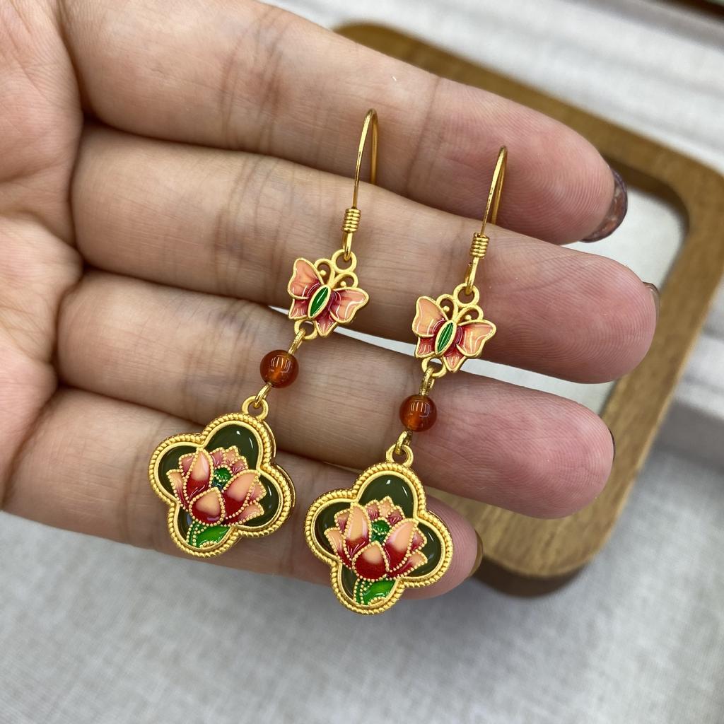 Guochao Retro Enamel Painted Butterfly Love Flower Butterfly Earrings Women'S New Chinese Style Cheongsam Light Luxury Advanced Sense Ear Hook