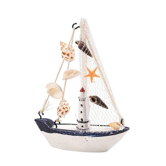 Mini Sailboat Model Nautical Resin Sailing Boat Decoration with Shell Starfish Rustic Vintage Beach Ocean Theme Ship Ornament for Home Office Bedroom