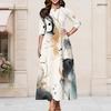Women Plus Size Keyhole Round Neck 3 4 Sleeve Blue Floral Print Long Maxi Dress