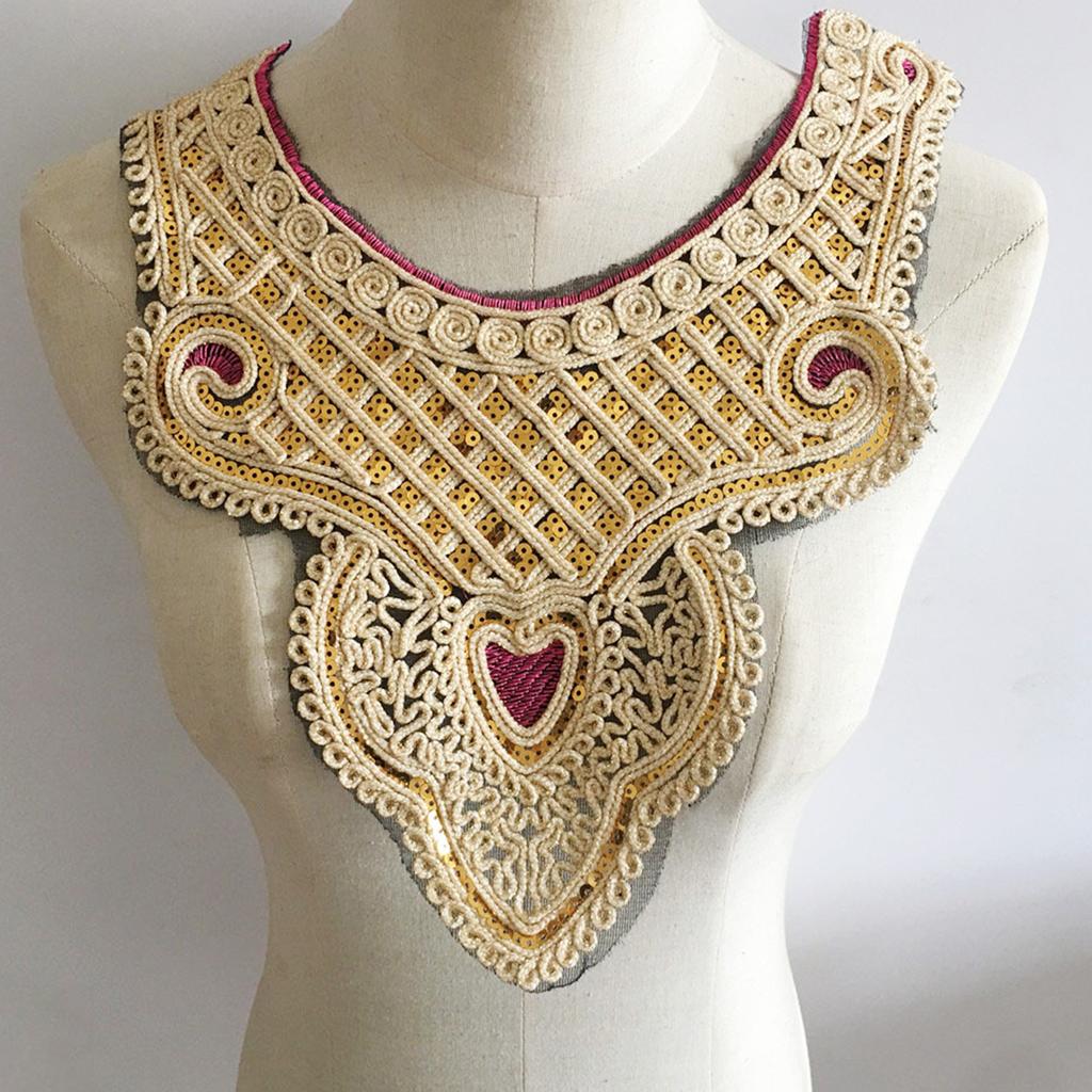 Elegant Embroidered Lace Collar Neckline Appliques Trim with Sequins Ethnic Style Sew On Patches for Fashionable Women