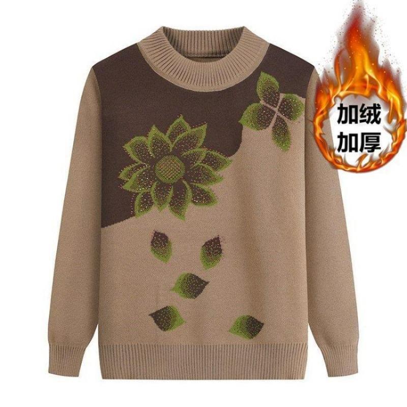 Middle-aged Elderly Women's Autumn Winter Mothers Wear Long-sleeved Pullover Sweater Plus Velvet Thickened
