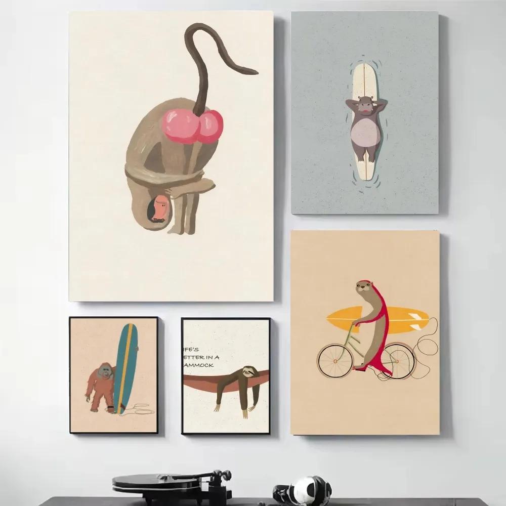 Vintage Cartoon Surfing Animals Surfing Sloth Frog Racoon Zebra Poster HD Posters Room Bar Cafe Decor Art Wall Painting Picture