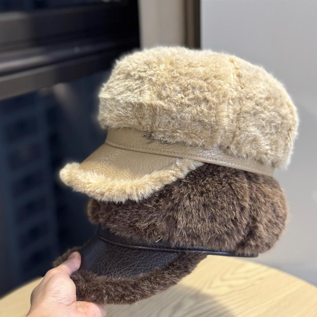 New Retro Splicing Octagonal Hat Women's Autumn and Winter Plush Warm Cap Autumn Winter Fashion Accessory Beret Cap for Women