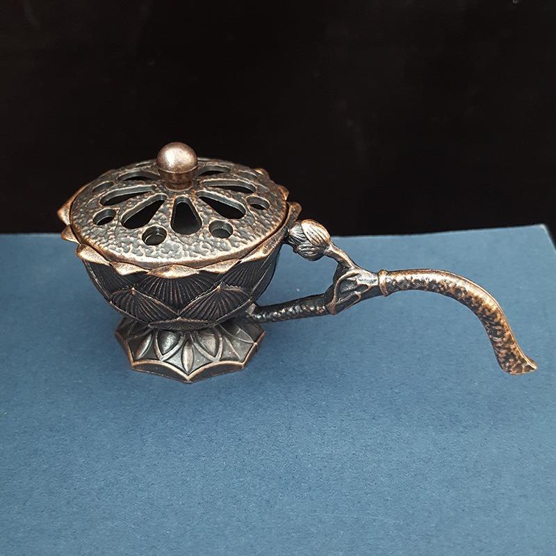 Creative Lotus Incense Burner with Handle Retro Copper Lotus Hollow Out Incense Stick Burner Brass Craft Home Office Decoration