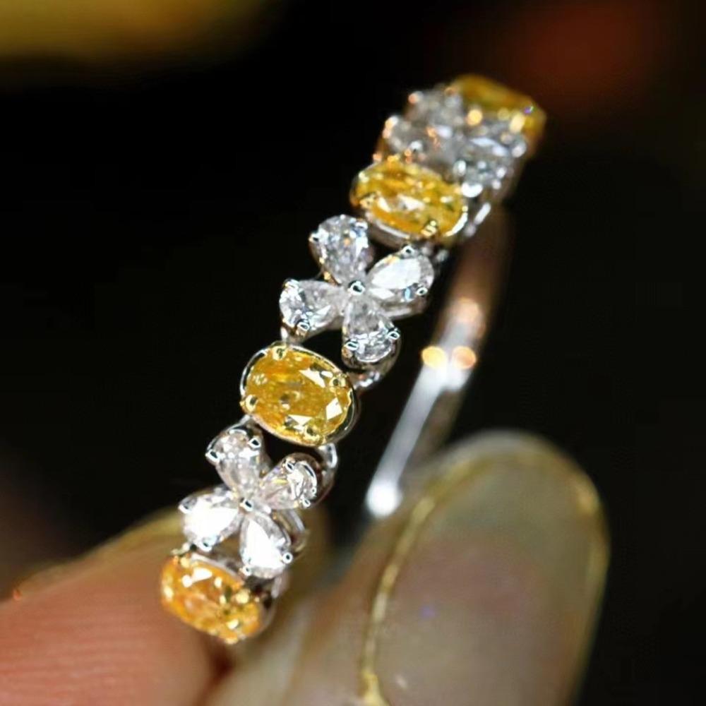 Women Rings PT950 White Gold Yellow Diamond Imitation Clover Egg Shape Stackable Band Ring adjustable