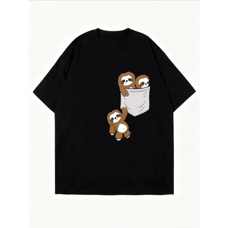 Cute Sloth Pocket Print Oversized T-Shirt White Cartoon Animal Design For Casual Wear And Everyday Outfits