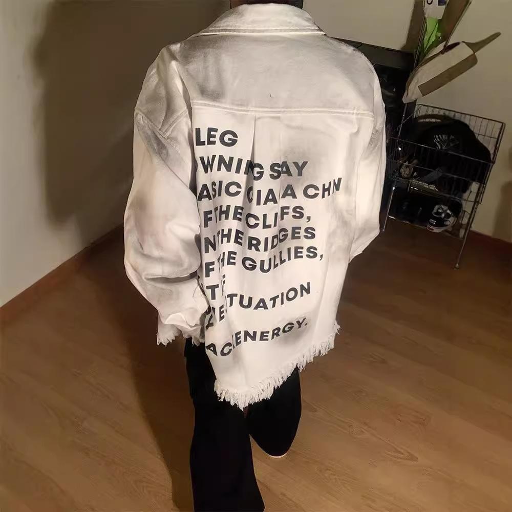 White Denim Jacket Men's Spring and Autumn American Retro Trendy Brand Design Sense Destruction Rough Lapel Tooling Jacket