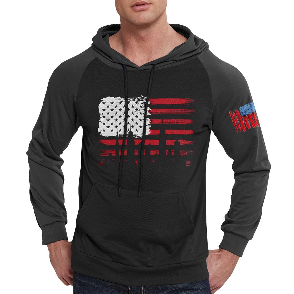 Herren Lässiges Kapuzen-Sweatshirt mit Kordelzug, lang, mit Flaggen-Print und Taschen