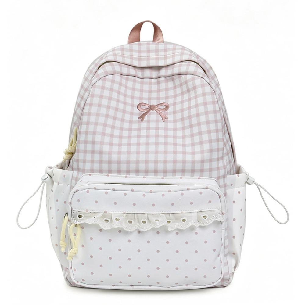 Sweet Polka Dot Backpack Plaid Student School Bag Fashion Lace Trim Rucksack Outdoor Use