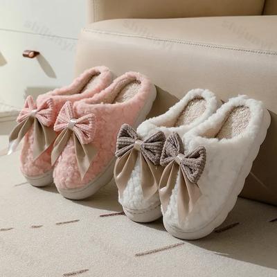 Cotton Slippers for Women New 2025 Autumn Winter Thick Sole Indoor Home Warm Shoes Bowknot Non-Slip Flat Platform Women Slippers
