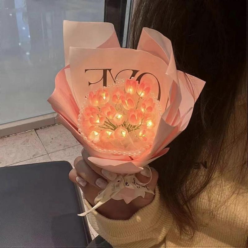 1 Set DIY Tulip Bouquet Handmade LED Artificial Flower Decoration DIY Luminous Desktop Ornament