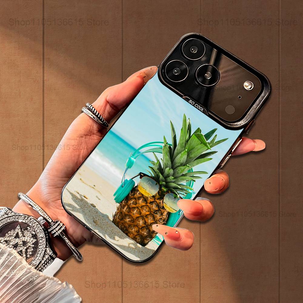 Cute Pineappl Art Fruit  Case For iPhone 16,15,14,17,13,12,11,Mini,Pro,SE,XS,MAX,Black Matte Silicone Cover