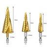 Hex Shank Step Drill Bit Set: Straight & Spiral Flutes, Tapered Hole Opener, Chamfering, with Cloth Bag Packaging.