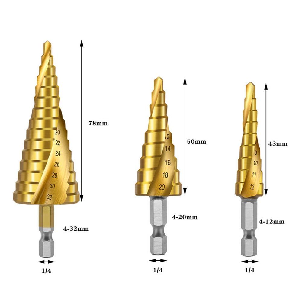 Hex Shank Step Drill Bit Set: Straight & Spiral Flutes, Tapered Hole Opener, Chamfering, with Cloth Bag Packaging.
