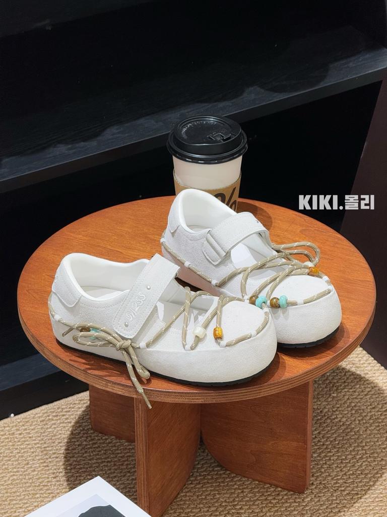 Beaded Lace-up Velcro Inner Height-increasing Mary Jane Shoes 2025 Autumn New Outer Wear Breathable Casual Versatile Single Shoes
