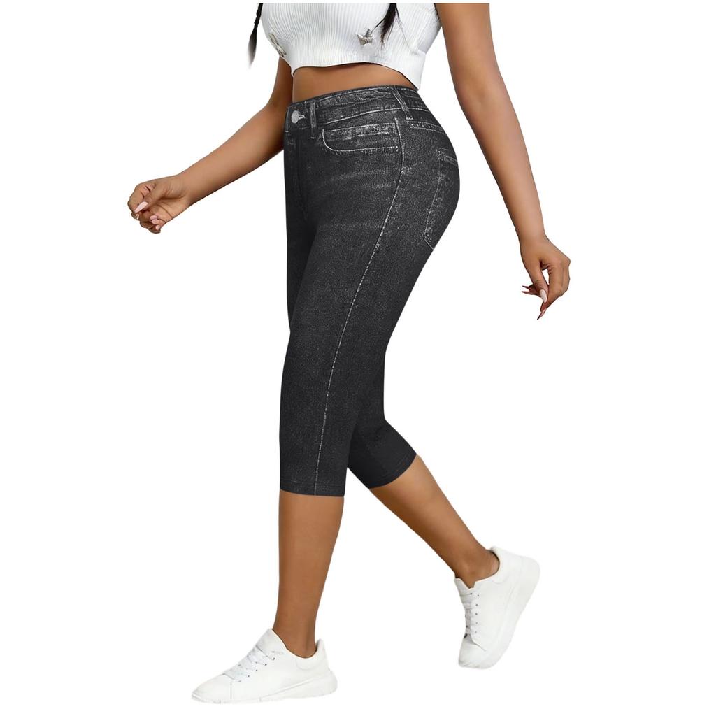 Womens pants high waist stretch capri leggings pants for women with faux denim print slim fit comfort style