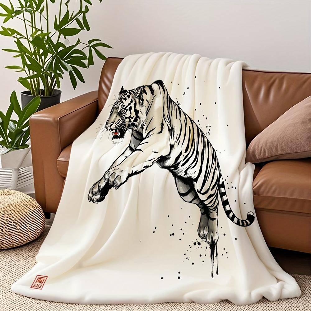 White Tiger Art Throw Blanket Chinese Zodiac Design for Living Room Decor Gift for Him OrientalStyle