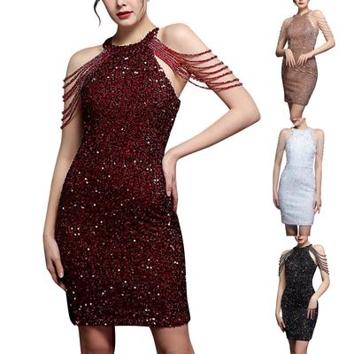 Frauen Rundhals Sexy Ärmelloses Pailletten Kleid Party Selbst Anbau Temperament Rock