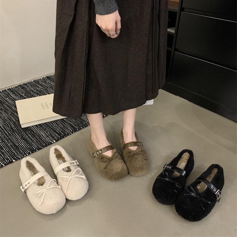 Bow-tie Fluffy Ballet Shoes Women's Winter New Round Head Wool Integrated Casual Warm Thick-soled Flat-soled Single Shoes